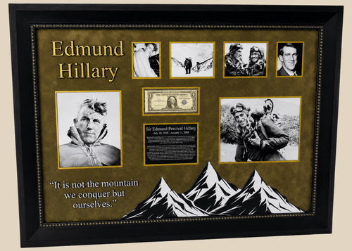 Framed display of Sir Edmund Hillary’s authentic signature on a US $1 banknote, professionally mounted with archival backing and glass, including photographic and illustrative elements commemorating his Everest ascent.