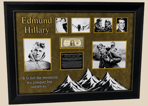 Framed display of Sir Edmund Hillary’s authentic signature on a US $1 banknote, professionally mounted with archival backing and glass, including photographic and illustrative elements commemorating his Everest ascent.