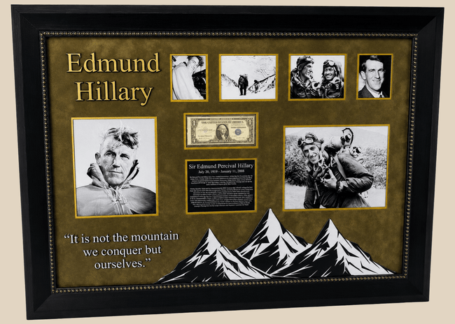 Framed display of Sir Edmund Hillary’s authentic signature on a US $1 banknote, professionally mounted with archival backing and glass, including photographic and illustrative elements commemorating his Everest ascent.