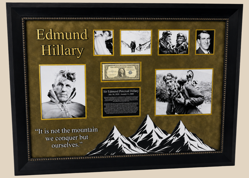 Framed display of Sir Edmund Hillary’s authentic signature on a US $1 banknote, professionally mounted with archival backing and glass, including photographic and illustrative elements commemorating his Everest ascent.
