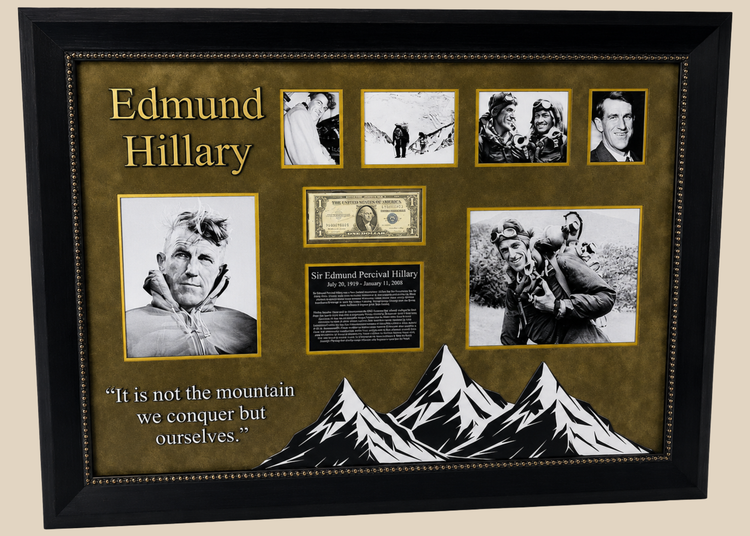 Framed display of Sir Edmund Hillary’s authentic signature on a US $1 banknote, professionally mounted with archival backing and glass, including photographic and illustrative elements commemorating his Everest ascent.