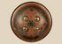 Small circular Indo-Persian Dhal shield, 11 inches diameter, lacquered black and red with damascened foliate motifs, four raised bosses, interior grips with knuckle-guard cushion, well-preserved antique.