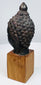 Historic bronze Buddha head with spiritual expression, textured curls, and warm wooden mount