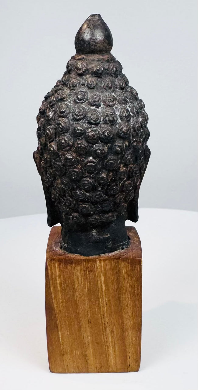Southeast Asian Buddha sculpture with ushnisha, gentle smile, and aged bronze surface