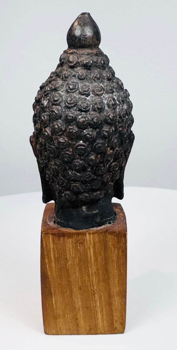 Southeast Asian Buddha sculpture with ushnisha, gentle smile, and aged bronze surface