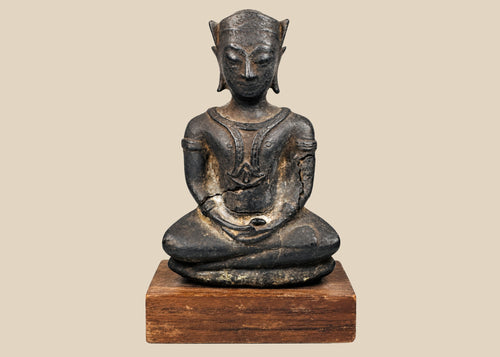 Small 18th–19th century Southeast Asian cast bronze Buddha statue in meditative pose with serene expression and headdress, mounted on a wooden base, 5.5 x 2 x 3.25 inches, Thailand or Burma.