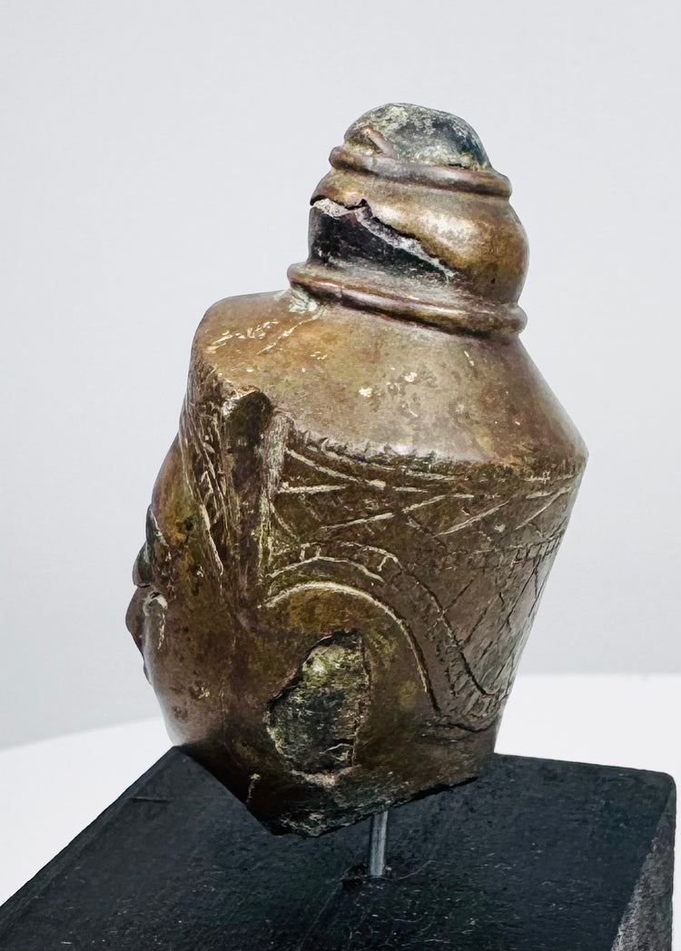 18th–19th century crowned Buddha head with elongated ears and rich brown-gold patina