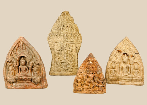 Collection of Southeast Asian terracotta Buddhist plaques, 14th–18th century CE, depicting Buddha and Bodhisattvas with floral and architectural motifs.