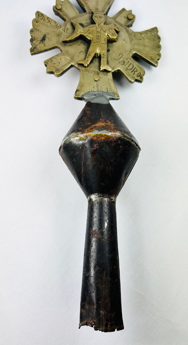 Cast and engraved brass processional cross finial, Christ crucifix and saint, Latin American colonial period