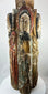Antique Spanish Colonial devotional sculpture with four carved saints arranged around a column.