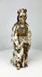 Antique Spanish Colonial Santo statue, hand-carved from wood with remnants of polychrome paint, depicting a robed religious figure with folded hands, traditional hairstyle, and worn surface patina, dating to the 18th–19th century, used for devotional practices in colonial-era Catholic households.