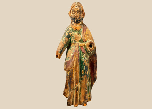 17th-century hand-carved wooden Santo statue with faded polychrome paint and flowing drapery