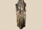 Spanish Colonial carved wooden column with four haloed saint figures and traces of polychrome paint.