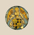 16th-century Swiss Renaissance stained glass panel depicting a radiant nimbate angel with outstretched wings holding a heraldic shield featuring three ermine sables and golden crosses, symbolizing purity and divine protection. Mounted in a circular lead frame against a soft neutral background.