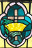 Early 20th-century stained glass artwork, cross and crown design in amber, green, and pink glass, framed in wood, 16x16 in.