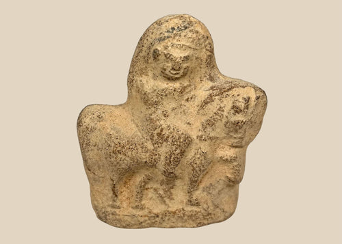 Terracotta figurine from Roman Egypt, 1st–3rd century CE, depicting a horse with strong proportions and a rider in a commanding pose, blending Roman and Egyptian artistic traditions.