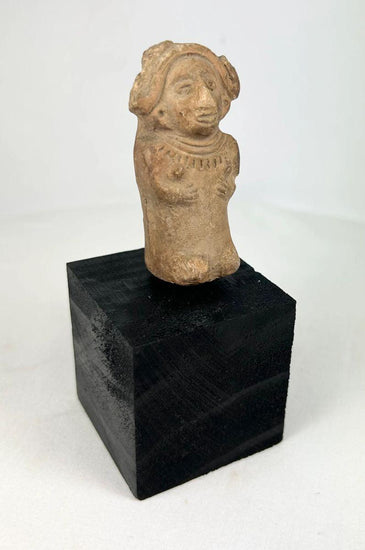 Ancient Veracruz terracotta figurine of a seated female with flaring headdress, almond-shaped eyes, and necklace, circa 600–900 CE, Late Classic period, mounted on black display base.