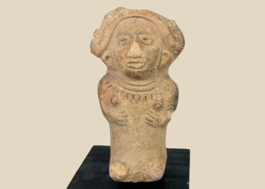 Ancient Veracruz terracotta figurine of a seated female with flaring headdress, almond-shaped eyes, and necklace, circa 600–900 CE, Late Classic period, mounted on black display base.