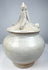 Thai Sawankhalok covered jar with rounded globular body, pale gray-white glaze, and ornate pointed lid.