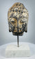 Three-quarter view of antique Buddha head with stylized facial features and curled hair