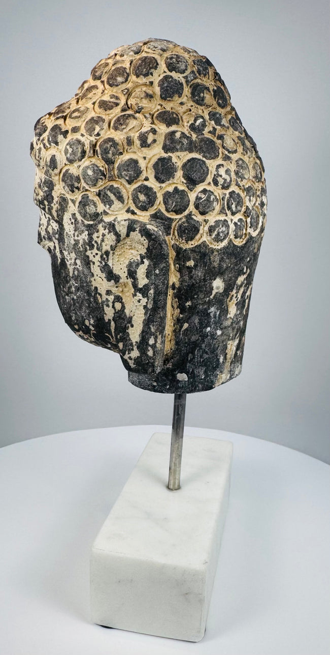 Side profile of antique stone Buddha head showing carved curls and aged surface texture