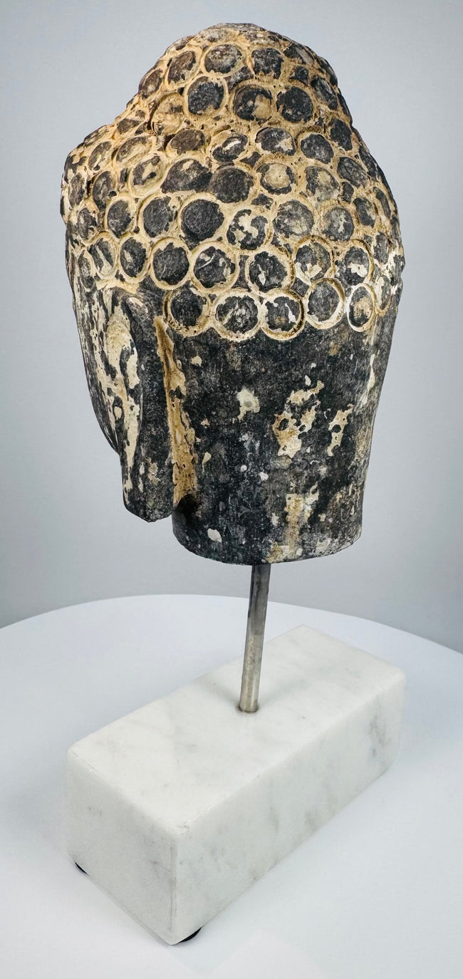 Rear view of carved Buddha head displaying detailed hair curls and natural stone wear