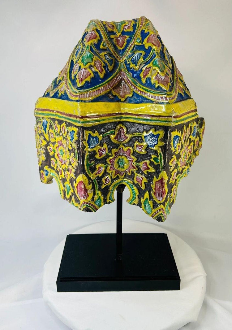 Late 18th-century Thai Rattanakosin polychrome ceramic corner tile with vibrant floral and geometric patterns in multicolored glaze.