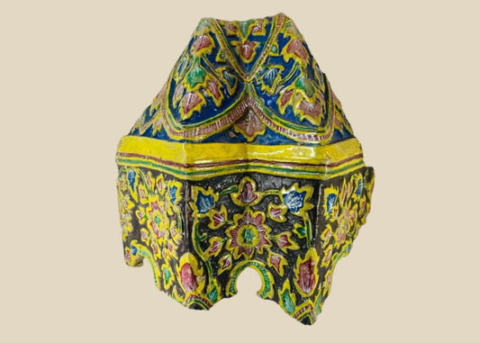 Late 18th-century Thai Rattanakosin polychrome ceramic corner tile with vibrant floral and geometric patterns in multicolored glaze.