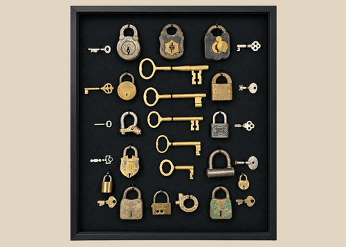 Antique lock and key collection in shadow box frame featuring 15 vintage padlocks and skeleton keys from the 19th century