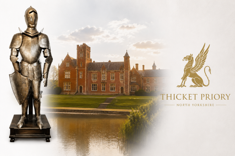 Victorian full suit of armour displayed beside Thicket Priory estate in North Yorkshire with branded griffin logo and historic manor backdrop.