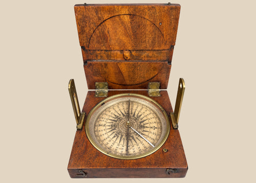 Mid-19th century British alidade compass in walnut case, silvered degree ring, and paper label, crafted by Thomas Jones of Liverpool, 6.1 x 6.1 inches closed, used for surveying and navigation.