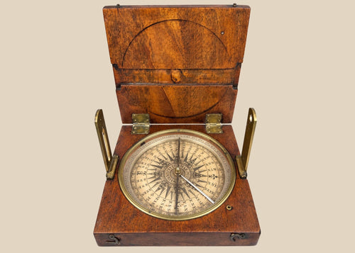 Mid-19th century British alidade compass in walnut case, silvered degree ring, and paper label, crafted by Thomas Jones of Liverpool, 6.1 x 6.1 inches closed, used for surveying and navigation.