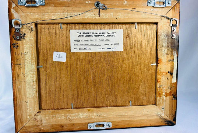 Verso view of painting showing wooden backing, gallery label from Robert McLaughlin Gallery, and deaccession markings.