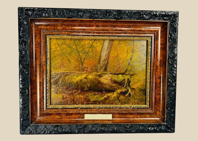 Oil on panel painting titled “Overturned Tree Root,” attributed to Thomas Mower Martin (1838–1934), Canada, late 19th–early 20th century. Depicts a twisted tree root with detailed textures, earthy tones, and interplay of light and shadow. Ex-Robert McLaughlin Gallery, reflecting Martin’s naturalistic style and Canadian landscape tradition.