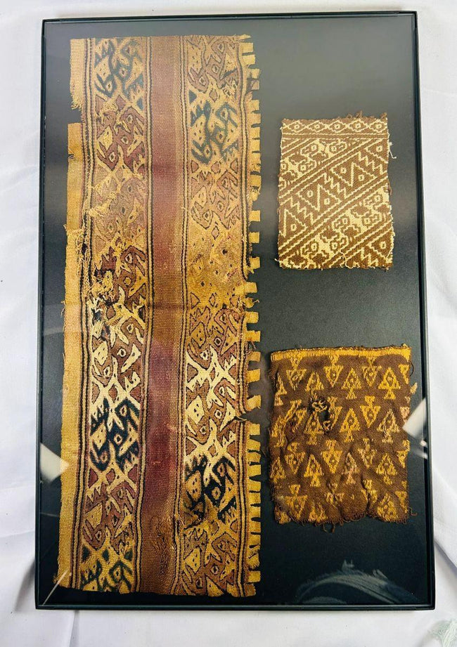 Set of three ancient Peruvian Chancay textile fragments with natural-dyed geometric patterns, 1000–1470 CE.
