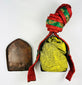 Antique Tibetan gau amulet box with brass repoussé Buddhist script and embroidered carrying pouch