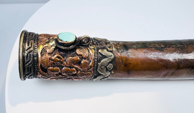 Antique Tibetan Buddhist Kangling with Aged Bone Patina and Metal Decoration