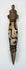 Close-up of Tibetan Dzi-style bead with black geometric motifs and metal ritual fittings