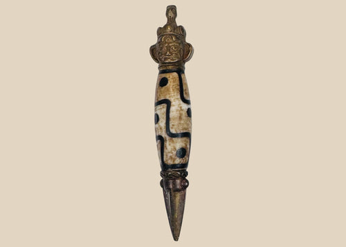 Tibetan Dzi-style bead phurba amulet with copper-alloy fittings and trihedral blade