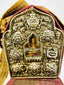 Tibetan portable gau shrine in embroidered fabric case with silver Buddhist symbols
