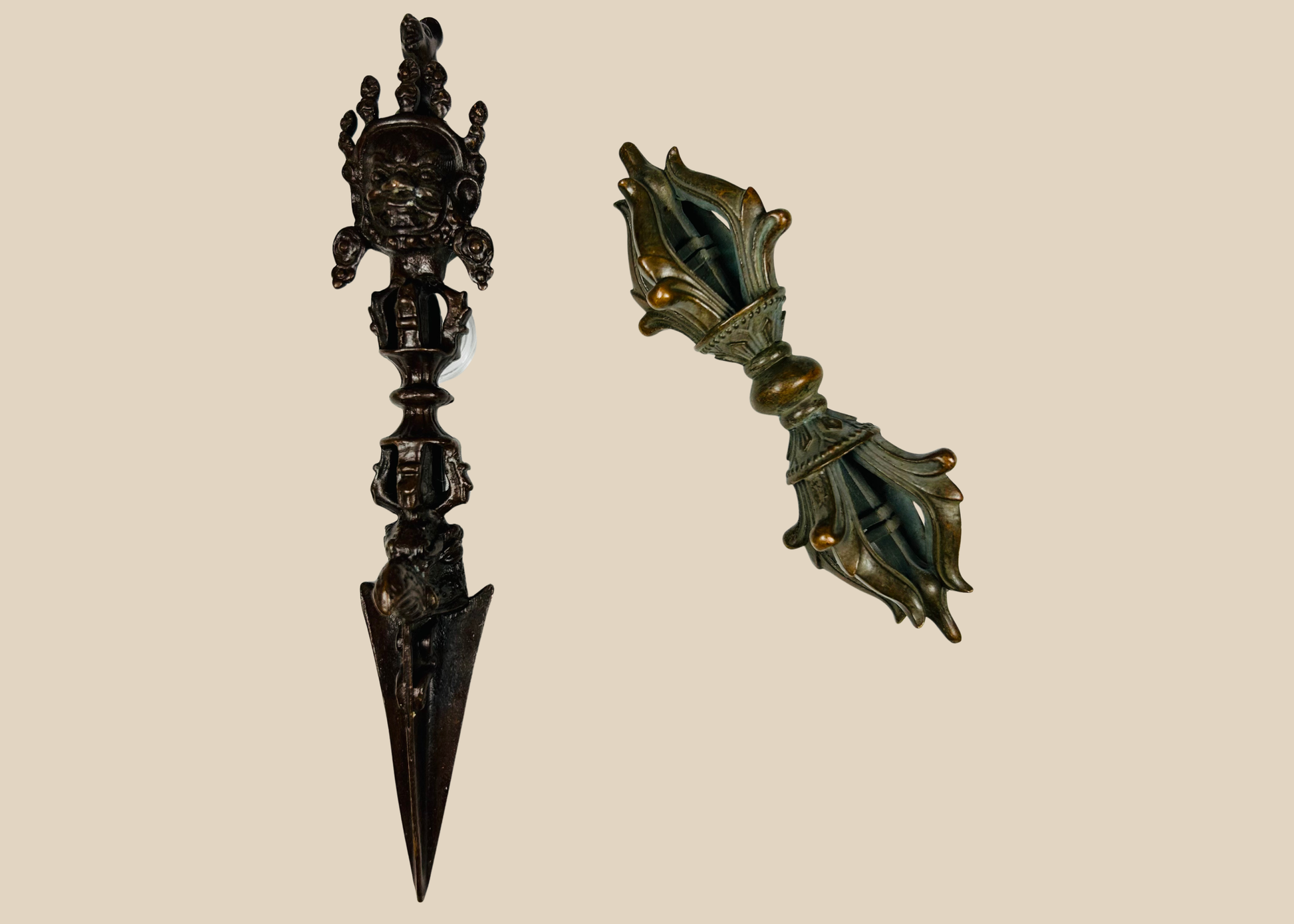 Tibetan bronze phurba ritual dagger and double vajra ritual set