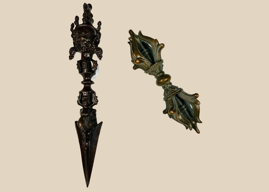 Tibetan bronze phurba ritual dagger and double vajra ritual set