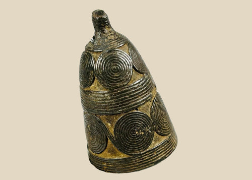 Late 19th–early 20th century Tibetan Buddhist bronze ritual bell (ghanta) with lotus petal base, vajra-finial handle, original iron clapper, dark patina from ritual use, used in Vajrayana ceremonies