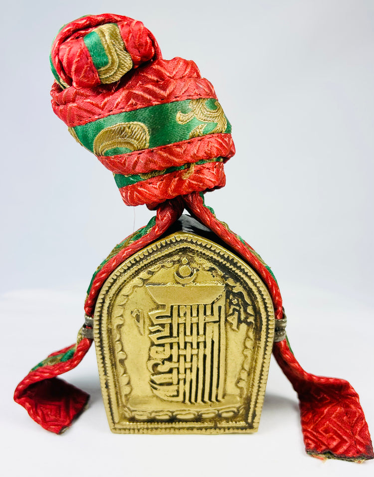 Antique Tibetan gau amulet box, 19th–20th century Himalayan Buddhist shrine with brass repoussé script, original embroidered red-green pouch and strap