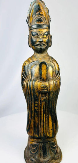 Antique Tibetan Lama bronze figure, circa 1800s Qing Dynasty. Depicts high-ranking Buddhist master with peaked ceremonial hat, monastic robes, and ritual implement. Cast bronze with gilt and lacquer remnants, aged patina, and ritual wear.
