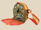 18th–19th century Tibetan Gau shrine, silvered copper alloy with repoussé seated Buddha, gilt backing plate, and original red fabric strap, portable Himalayan Buddhist amulet box