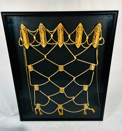 Rare 19th-century Himalayan Tibetan Tantric ritual apron (rus gyan) made of human and animal bones, featuring six elliptical plaques depicting Chakrasamvara deities, crisscrossed bone bead lattice, cotton backing, and natural pigments, ceremonial and devotional garment