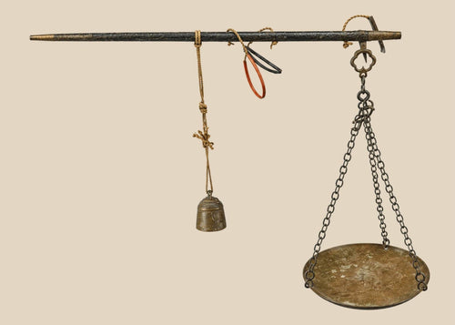 Antique Mughal-era iron and bronze merchant's balance scale with hanging pan and weight