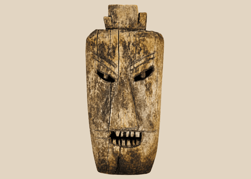 Front view of early 20th-century ritual hardwood mask from Northern Thailand or Laos showing angular features and deep-set eyes.