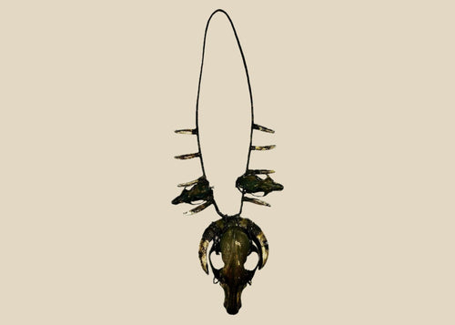 Ethnographic ceremonial necklace featuring a central wild dog skull, flanked by rodent skulls and pig teeth, strung on woven twine, used in shamanic or warrior rituals.
